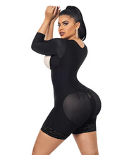 Cargar imagen en el visor de la galería, Open Bust Bodysuit Mid Thigh - Long Sleeves - Center Clasps - Perineal Zipper - Black ( Ref. O-215 )